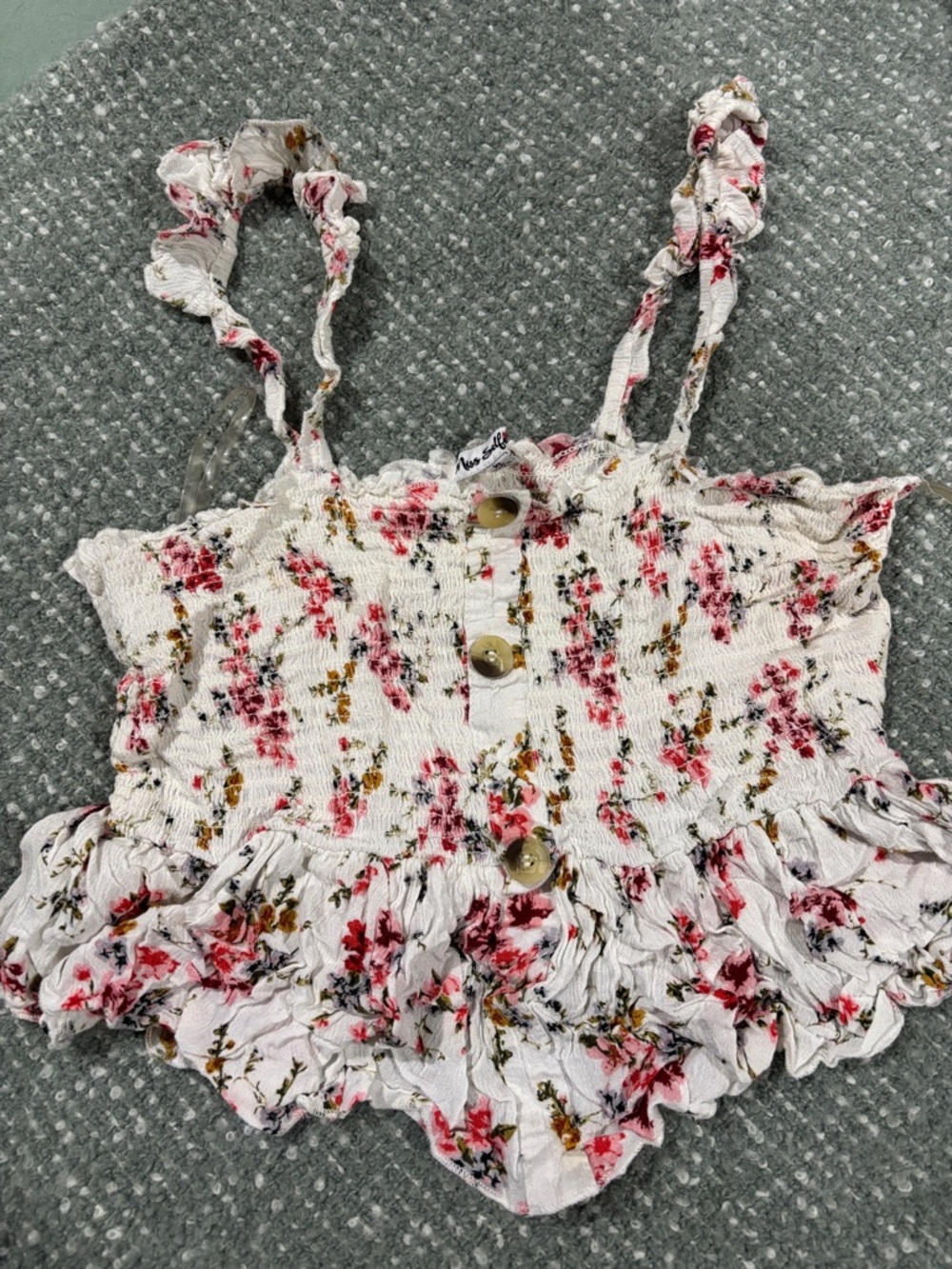 Floral Ruffle Crop Tank Top - White/Pink